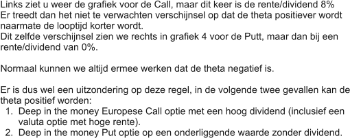 Links ziet u weer de grafiek voor de Call, maar dit keer is de rente/dividend 8% Er treedt dan het niet te verwachten verschijnsel op dat de theta positiever wordt naarmate de looptijd korter wordt. Dit zelfde verschijnsel zien we rechts in grafiek 4 voor de Putt, maar dan bij een  rente/dividend van 0%.  Normaal kunnen we altijd ermee werken dat de theta negatief is.  Er is dus wel een uitzondering op deze regel, in de volgende twee gevallen kan de theta positief worden: 	1.	Deep in the money Europese Call optie met een hoog dividend (inclusief eenvaluta optie met hoge rente). 	2.	Deep in the money Put optie op een onderliggende waarde zonder dividend.